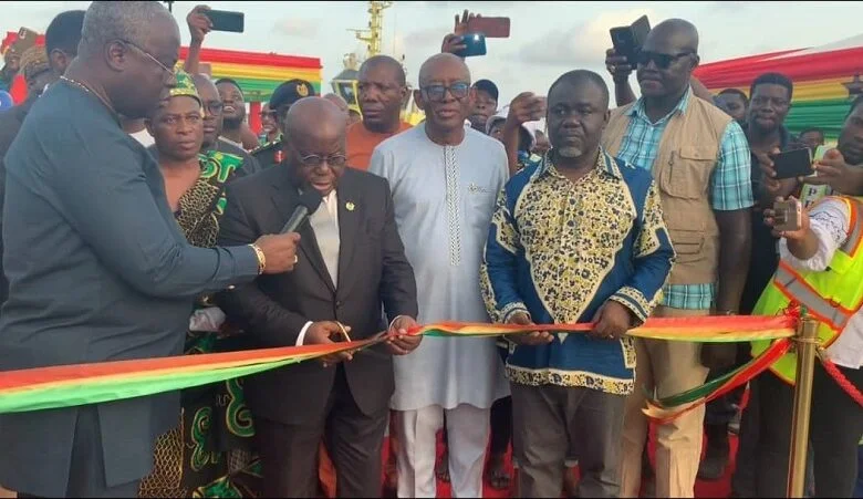 President Akufo-Addo (middle) cutting a tape to inaugurate the oil and gas terminal at the Takoradi Port