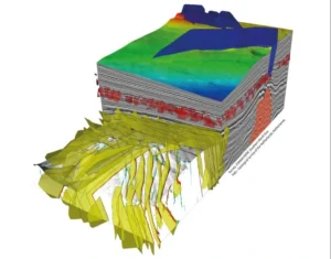 3D fault network extracted using PaleoScan™'s AI-assisted Advanced Fault Extraction (AFE) workflow; Source: Eliis