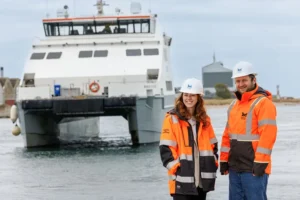 Picture caption (left to right-) Emma Harrick, Director of Energy Transition and Supply Chain at Scottish Renewables and Dr. Turgay Koroglu, Port Decarbonisation Engineer at Montrose Port Authority.