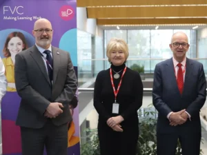 Forth Valley College Principal Kenny MacInnes (left) with ECITB Chair Lynda Armstrong and CEO Andrew Hockey