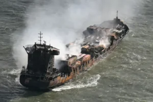 MV Solong was badly burned after fires burned through it for days - Picture AFP Getty