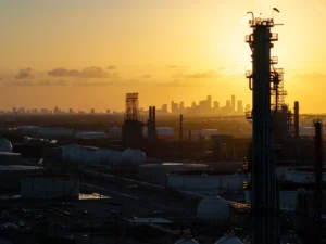 In an aerial view, the LyondellBasell Houston refinery is seen at sunset on June 18, 2025 in Houston. Photo by Brandon Bell Getty Images