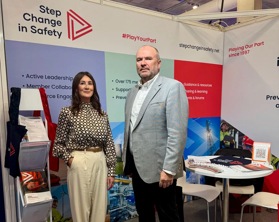 Nicola Taylor, Business Engagement Manager, and Craig Wiggins, CEO, unveiling the new Step Change in Safety brand (𝗦𝘁𝗮𝗻𝗱 𝟭𝗫𝟯𝟬𝗖 – 𝗛𝗮𝗹𝗹 𝟭) on day one of SPE Offshore Europe 2025.
